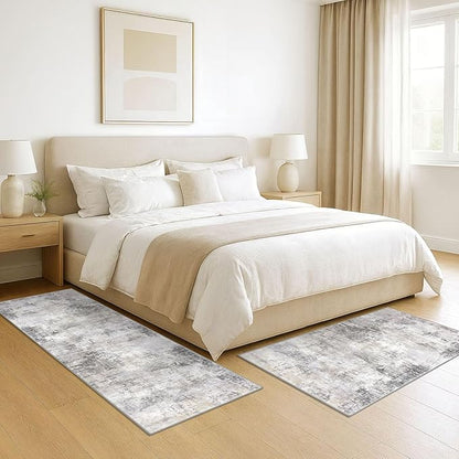 IOHOUZE Abstract Area Rugs and Runners Sets 2x6 and 3x5 Ft, Washable Entryway Rug and Runner Set, Non Slip Kitchen Rug Set, Printed Faux Wool Modern Floor Carpet for Hall Kitchen Entrance, Grey Beige