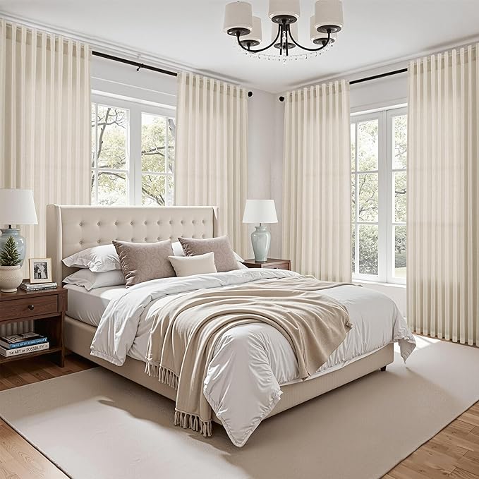 Nanspring 102 Inch Long Curtains for Living Room Birch Beige Linen Light Filtering Semi Sheer Curtain Back Tab Modern Farmhouse Decor Floor to Ceiling Coastal Drapes for Bedroom 52x102, 2 Panels