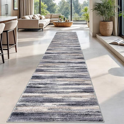 Lansny Modern Abstract Runner Rug 2.6x18, Grey Black Multi Washable Long Kitchen Runner Non-Slip Soft Hallway Rug Runner Thin Print Faux Wool Carpet for Entryway Bedroom Laundry Room Indoor Home Decor