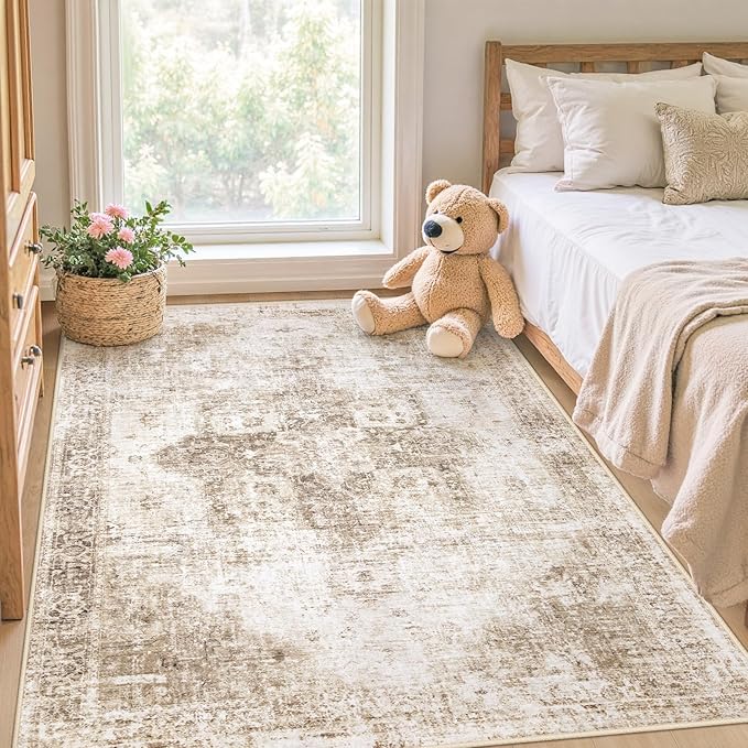 Area Rug 3x5 Washable Rug, Vintage Boho Medallion Entryway Rug Non-Slip Soft Low Pile Small Distressed Floor Carpet Retro Doormat for Kitchen Bedroom Laundry Bathroom Hallway (Brown, 3'x5')