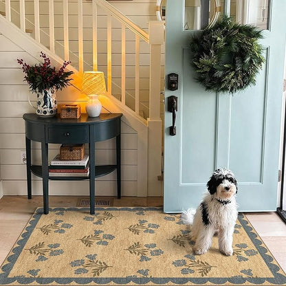 3x5 Floral Entry Rug - Small Washable Indoor Outdoor Mats for Front Door Non-Slip Jute-Look Porch Rug Boho Blue Scalloped Throw Rugs for Living Room Bedroom Entryway Kitchen Office Porch Decor