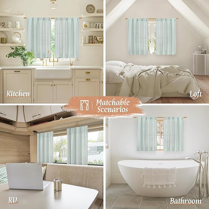 LAMIT Bedroom Linen Curtains 45 Inch Long, Light Filtering Neutral Window Curtains Farmhouse Boho Rod Pocket Room Decor Panels for Small Window/Living Room, 2 Panels, 42 x 45 Inch, Light Blue