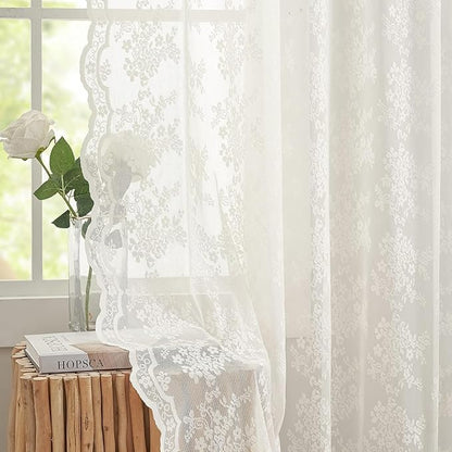 YJ YANJUN Vintage Lace Curtains 120 Inches Long-Antique Floral Ivory Privacy High Ceiling Sheer Curtain Panels for Dining Room, Patio Door, Large Windows - Rod Pocket 52x120 10 FT Tall Cream