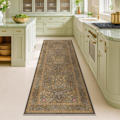 Hazo Haus Non Slip 2x7 Gold Brown Runner Rugs - Washable Long Runner for Bathroom, Kitchen, Hallway, Indoor Floor Mat, Bedroom Bedside - Brown Earthy Vintage Floral Décor