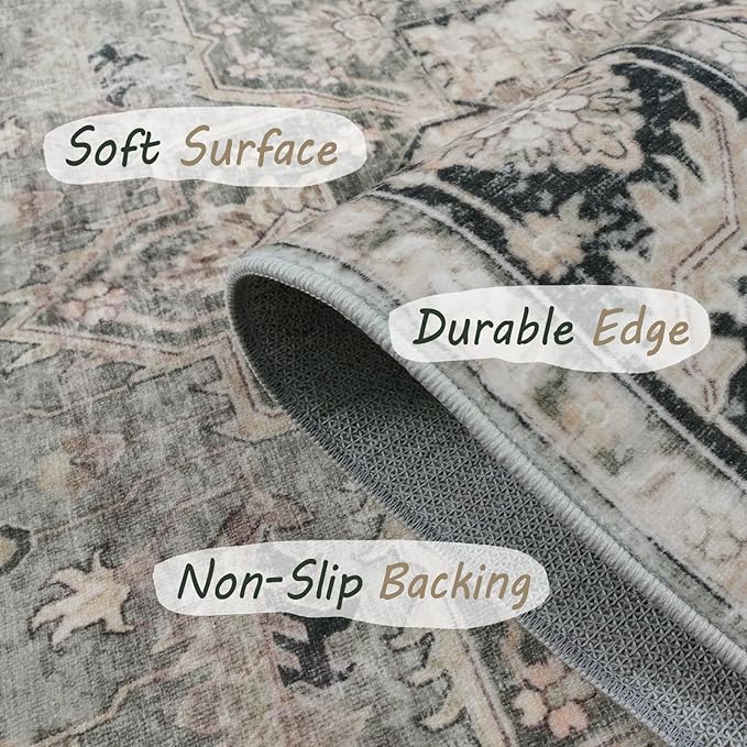 7X9 Area Rugs - 7X9 Washable Area Rug Indoor Vintage Rug Print Rug Low-Pile Floor Carpet for Living Room, Bedroom (Olive Charcoal/Yellow/Tan)