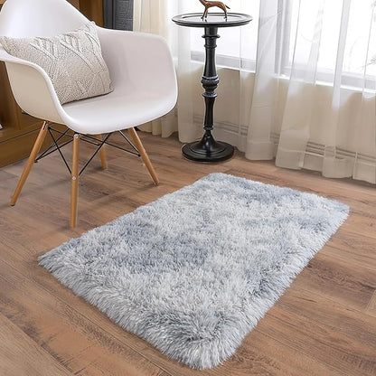 Ultra Soft Runner Rugs for Bedroom Hallways with Upgraded Non-Slip Rubber Backing & Thick Memory Sponge, 2 Packs 2x3 Feet Fluffy Shag Throw Area Rug for Bedside Dorm Tie-dye Light Grey