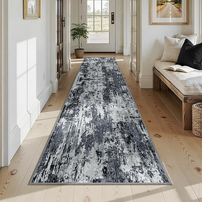 Washable Area Rugs 2'6'' x12 Non-Slip Modern Abstract Soft for Living Room Entryway Bedroom Nursery, Print Pattern, Black Navy Blue Gray