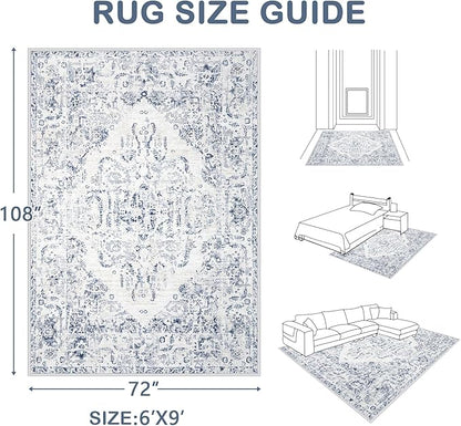 6x9 Area Rugs for Living Room: Washable Rug Vintage Large Rugs Soft Non Slip Low Pile Rug Floral Distressed Floor Carpet for Bedroom Kitchen Nursery Dining Room Home Office (Blue, 6'x9')