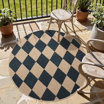 Lahome Colette Checkered Round Entryway Rug 4ft, Circle Indoor Outdoor Patio Rug Washable Farmhouse Easy Jute Kitchen Rugs, Contemporary Non Slip Round Carpet for Bedroom Front Porch