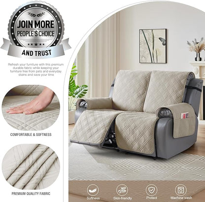 TAOCOCO 100% Waterproof Loveseat Recliner Cover, Non Slip Split Loveseat Covers for Reclining Loveseat with Elastic Straps, Washable Recliner Chair/Furniture Protector for Kids Pets(2 Seater, Cream)