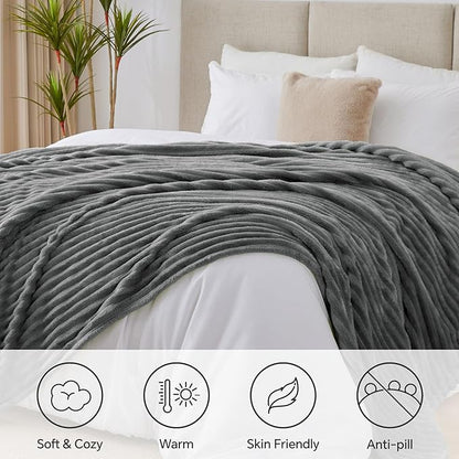 BEDELITE King Size Blanket for Bed, 300GSM Soft & Warm Fleece Blanket, Decorative and Giftable Striped Grey Blankets for Women, Men, 108"x90"