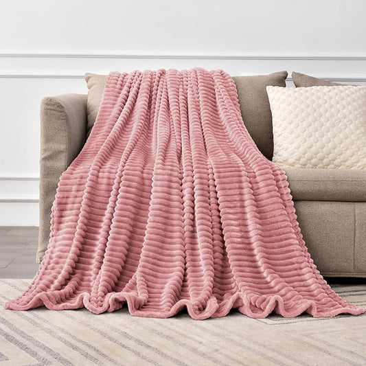 BEDELITE Large Throw Blankets for Couch - 3D Ribbed Jacquard Cute Fuzzy Fleece Blanket, Warm and Breathable Soft Cozy Throw XL Blanket, Dusty Pink