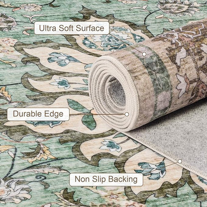 3x5 Area Rugs Living Room Rug: Washable Vintage Distressed Floral Rug No Slip Stain Resistant Soft Carpet Indoor Floor Large Carpets for Bedroom Dining Room Farmhouse Nursery Home Office Brown Green