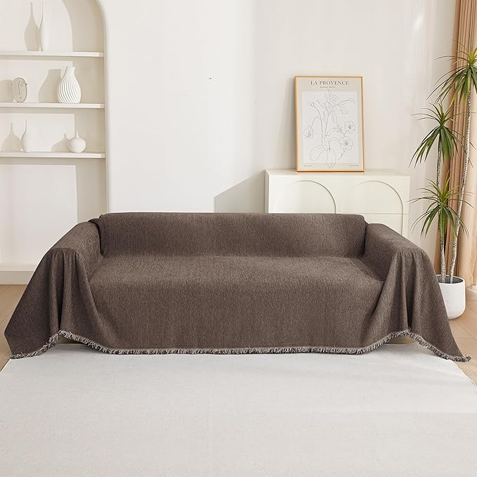 MYSKY HOME Couch Covers for 2 Cushion Couch Sectional Sofa, L Shape Sofa Protector Deep Chocolate Chenille Couch Cover, Sofa Covers Washable Blanket with Tassel Pet Couch Cushion Cover, 71"X102"