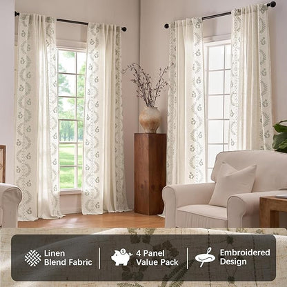 jinchan Belrose 4 Panel Curtains Set 90 Inch Length Floral Curtains Linen Blend Sage Green Embroidered Drapes Farmhouse Flower Patterned Drapes for Living Room Bedroom Window Treatments Set of 4