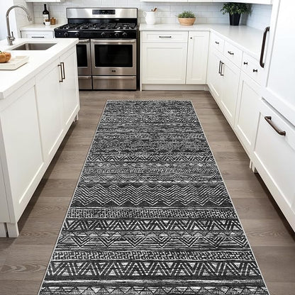 3x6 Washable Hallway Runner Rug - Moroccan Non-Slip Long Runners for Entryway Soft Modern Geometric Low-Pile Rugs for Kitchen Waterproof Neutral Carpet for Bedroom Bathroom Laundry 3x6 Black