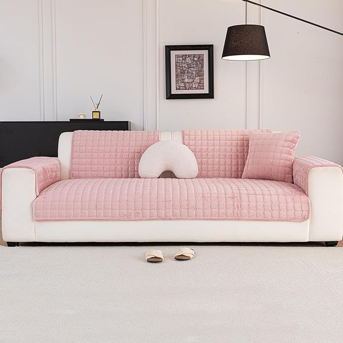 Velvet Couch Cover, Washable Sectional Sofa Cover, Anti Slip Sofa Slipcover for 3 Cushion Couch Sofa L Shaped Armrest Backrest, Furniture Protector Covers for Pets Kids(1PC,Pink,36"×83")