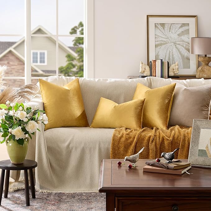 GIGIZAZA Golden Throw Pillow Covers 18x18 Decorative Velvet Cushion Covers Pack of 2 Pillowcase for Sofa