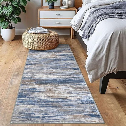 KOZYFLY Modern Abstract Runners for Hallways 2x6 Blue Rust Machine Washable Runner Rug for Entryway Non-Slip Kitchen Rug, Faux Wool Soft Low Pile Office Carpet for Dining Room, Bedroom, Bathroom