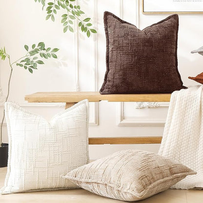 HPUK Fall Chenille Soft Throw Pillow Covers 18x18 Set of 2, Accent Cushion Covers for Living Room, Bedroom, Decorative Solid Color Pillow Covers for Couch, Sofa, Chair, Light Brown