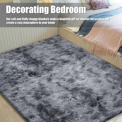 Shag Area Rug for Bedroom 5x8,Tie-Dyed Black Fluffy Area Rugs for Living Room,Soft Fuzzy Rug Non-Shedding Indoor Plush Carpet for Kids Bedroom Nursery Dorm Home Decor