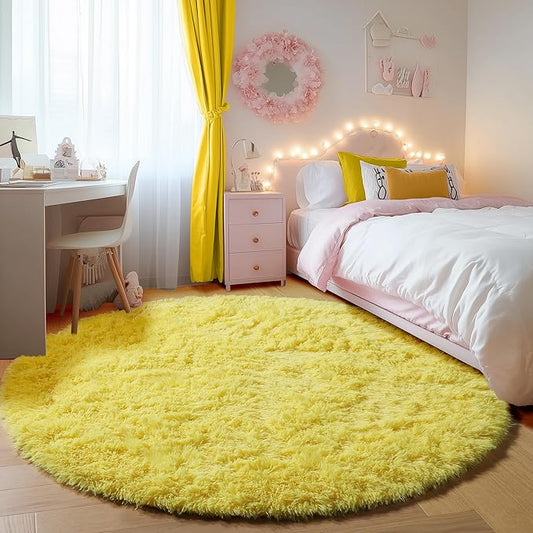 ONASAR Yellow Round Rugs 5ft for Bedroom Living Room, Fluffy Circle Area Rug for Kids Girls Boys Teen, Soft Plush Shaggy Carpet for Nursery Dorm Classroom Playroom Home Decor Aesthetic