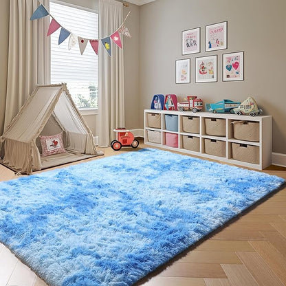 ONASAR Area Rugs for Bedroom Living Room, Fluffy Fuzzy Shag Shaggy 4x6 Bedside Tie-Dye Blue Rug, Soft Plush Indoor Floor Carpet for Nursery Kids Girls Boys Teen Dorm Home Office Decor Aesthetic