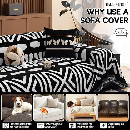 HANDONTIME Boho Couch Cover Blanket Geometric Striped Pet Covers for Couches and Sofas Black and White Dog Cover for Couch Pet Friendly Chenille Sectional Sofa Covers for Pets Washable, 71" X 150"