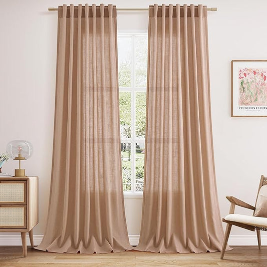 Nanspring Linen Curtains 108 Inches for Baby Girl Bedroom Set Extra Long Back Tab Curtain Light Filtering Semi Sheer Peach Drapes Floor to Ceiling Curtain for Large Windows 52x108,2 Panels
