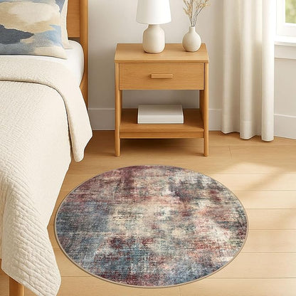 IOHOUZE Round Area Rug 3 Ft Circle Entryway Rugs Round Washable Door Mat Indoor Entrance, Non Slip Circle Front Door Rug, Printed Abstract Faux Wool Floor Carpet for Foyer Porch Sink, Red/Multi