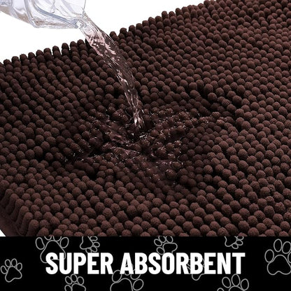 Smiry Dog Door Mat for Muddy Paws, Absorbent Dirt Trapper Non Slip Quick Dry Washable Chenille Mat for Mud Dogs, Entry Rug for Indoor and Outdoor (70x35 Inches, Brown and White)