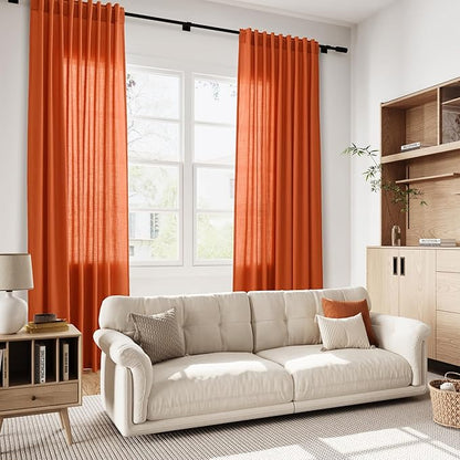 Bright Orange Linen Curtains 72 Inch Long for Living Room Bedroom Lightweight Door Drapes 2 Panels Set, Semi Sheer Light Filtering Back Tab or Rod Pocket Curtain,52x72