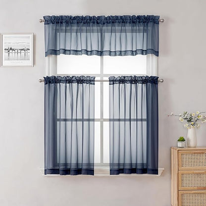 Lecloud Volie Sheer Curtains Blue Tiers 36 Inches Long 2 Pieces Set, Gauzy Solid Window Small Curtain for Bedroom Livng Room Bathroom Kitchen, Dual Rod Pockets Cupboard Tier Light Reducing 40x36 Inch