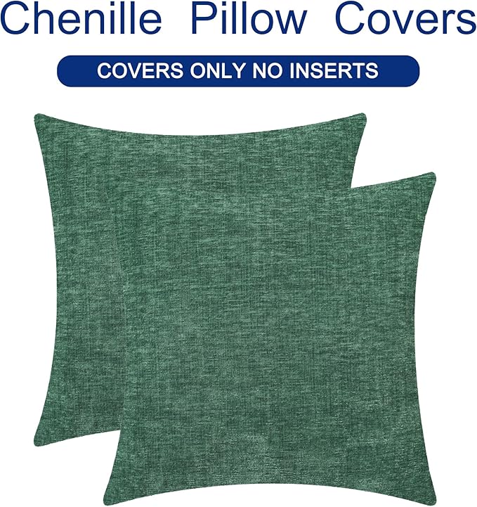 CaliTime Christmas Throw Pillow Covers Decorative 24 X 24 Inches Pack of 2 Cozy Chenille Cushion Cases for Couch Sofa Bed Living Room Home Dark Green