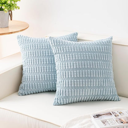 Pack of 2 Corduroy Decorative Throw Pillow Covers 20x20 Inch Soft Striped Pillow Covers Modern Farmhouse Home Decor for Sofa Living Room Couch Bed（Sky Blue）
