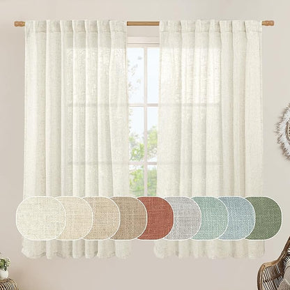 LAMIT 60 Inch Wide Linen Curtains for Bedroom, Ivory Cream Light Filtering Faux Linen Textured Panels Semi Sheer Back Tab and Rod Pocket Boho Drapes for Living Room/Farmhouse, 2 Panels, 60 x 63 Inch