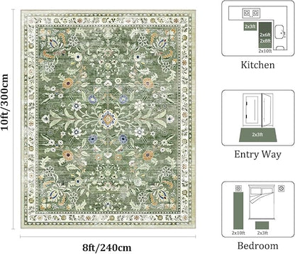 Yamaziot Washable Area Rug 8x10 – Large Non-Slip Boho Floral Living Room Rug with Rubber Backing, Low Pile Distressed Carpet for Bedroom, Living Room, Dining Room, Green