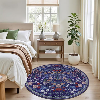 Round Area Rug for Living Room: 4 ft Floral Washable Circle Rug Soft Boho Non-Slip Carpet Indoor Stain Resistant Low Pile Small Circular Rug for Bedroom Entryway Kitchen Nursery Home Office Blue