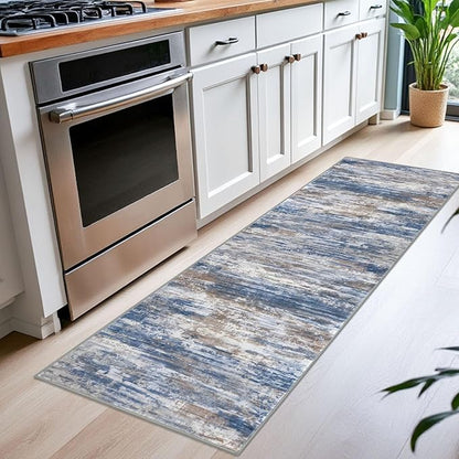 KOZYFLY Modern Abstract Runners for Hallways 2x6 Blue Rust Machine Washable Runner Rug for Entryway Non-Slip Kitchen Rug, Faux Wool Soft Low Pile Office Carpet for Dining Room, Bedroom, Bathroom