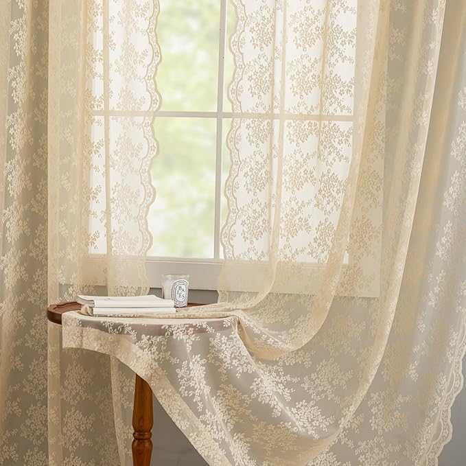 YJ YANJUN Vintage Lace Curtains 84 Inches Long-Retro Floral Beige Sheer Curtain Panels for Living Room Bedroom Shabby Chic Crochet Drapes Grandma Core Decor Light Filtering Pair W52 X L84 Light Beige
