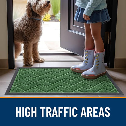 OLANLY Front Door Mat Indoor Outdoor Entrance, Waterproof All-Season, All-Weather Doormat, Sturdy Natural Rubber, Low Profile, Easy Clean Patio Porch Entryway Mat, Herringbone Brick (Green, 71x23)
