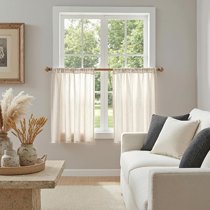 MYSKY HOME Natural Linen Curtains 24 Inch Long for Kitchen, Semi Sheer Light Filtering Window Panels Rod Pocket Valance Neutral Drapes for Small Window/Cafe/Bathroom Basement, 2 Panels, 34 x 24 Inch