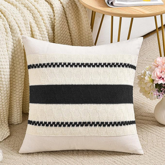 Fancy Homi Set of 1 Boho Black Decorative Throw Pillow Cover 22x22 Inch for Couch Bed Sofa, Aesthetic Modern Organic Farmhouse Home Decor, Soft Cotton Cute Accent Macrame Woven Cushion Case