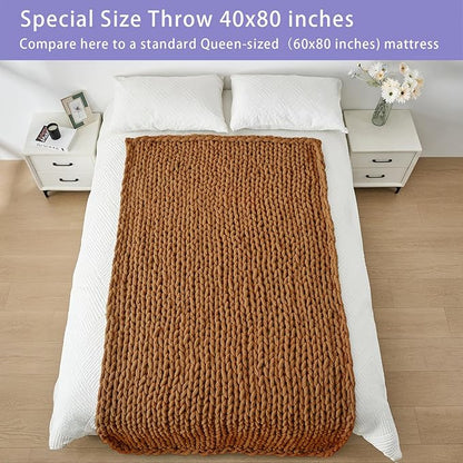 Bigacogo Chunky Knit Throw Blanket for Couch, 40x80 inches, 100% Hand Knitted with Thick Jumbo Chenille Yarn, Cozy Soft Large Rope Knot Cable Crochet Blankets for Sofa Bed Living Room, Caramel