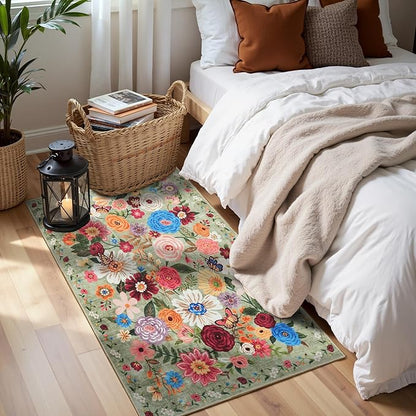 2x4 Entryway Runner Rugs, Non Slip Washable Rugs with Rubber Backing Soft Floral Carpet Runner for Kitchen, Laundry, Bedroom, Bathroom(2 x 4, Green Garden)