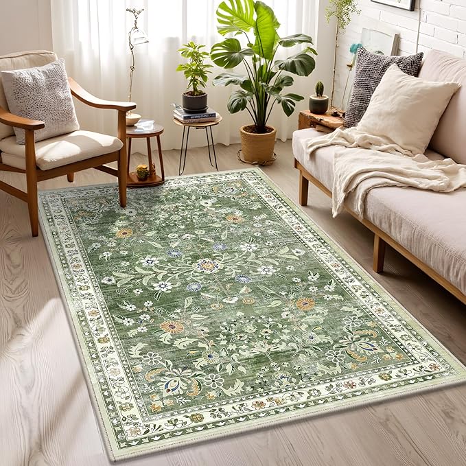 Yamaziot Washable Area Rug 3x5 – Small Non Slip Boho Area Rug for Bedroom, Low Pile Distressed Carpet for Living Room, Bedroom, Kitchen, Entrance, Green