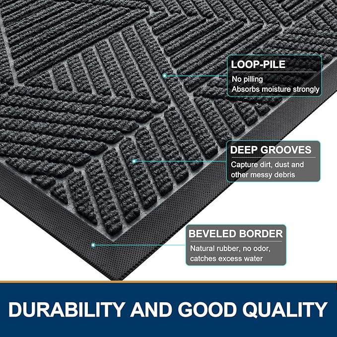 Smiry Front Door Mat Outside Entrance, Heavy Duty Sturdy Natural Rubber Doormat, Trap Dirt and Moisture, Easy Clean Low Profile Welcome Floor Mats for Indoor Outdoor Entry, 71x23 Inch, Grey