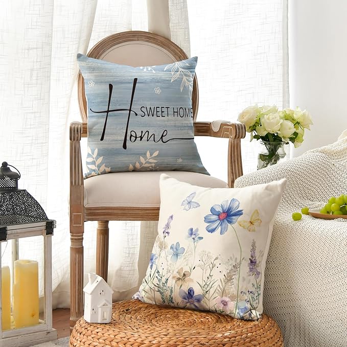 AVOIN colorlife Spring Saying Flowers Butterfly Bird Throw Pillow Covers, 16 x 16 Inch Home Sweet Home Blue Cushion Case for Sofa Couch Set of 4