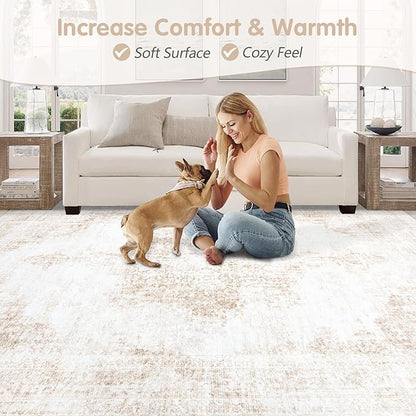 Area Rugs 8x10 Vintage Rug: Large Washable Living Room Rug Retro Medallion Distressed Rugs Soft Low Pile Non-Slip Indoor Floor Carpet for Bedroom Kitchen Nursery Dining Table Office (Beige, 8'x10')