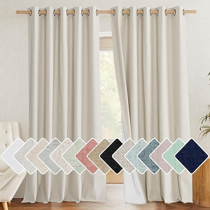 NICETOWN Full Blackout Natural Linen Curtains 102" Length with Thermal Insulated Liners for Living Room, 2 Panels, 62 inches W, Farmhouse Style Keep Warm Large Window Draperies for Hall